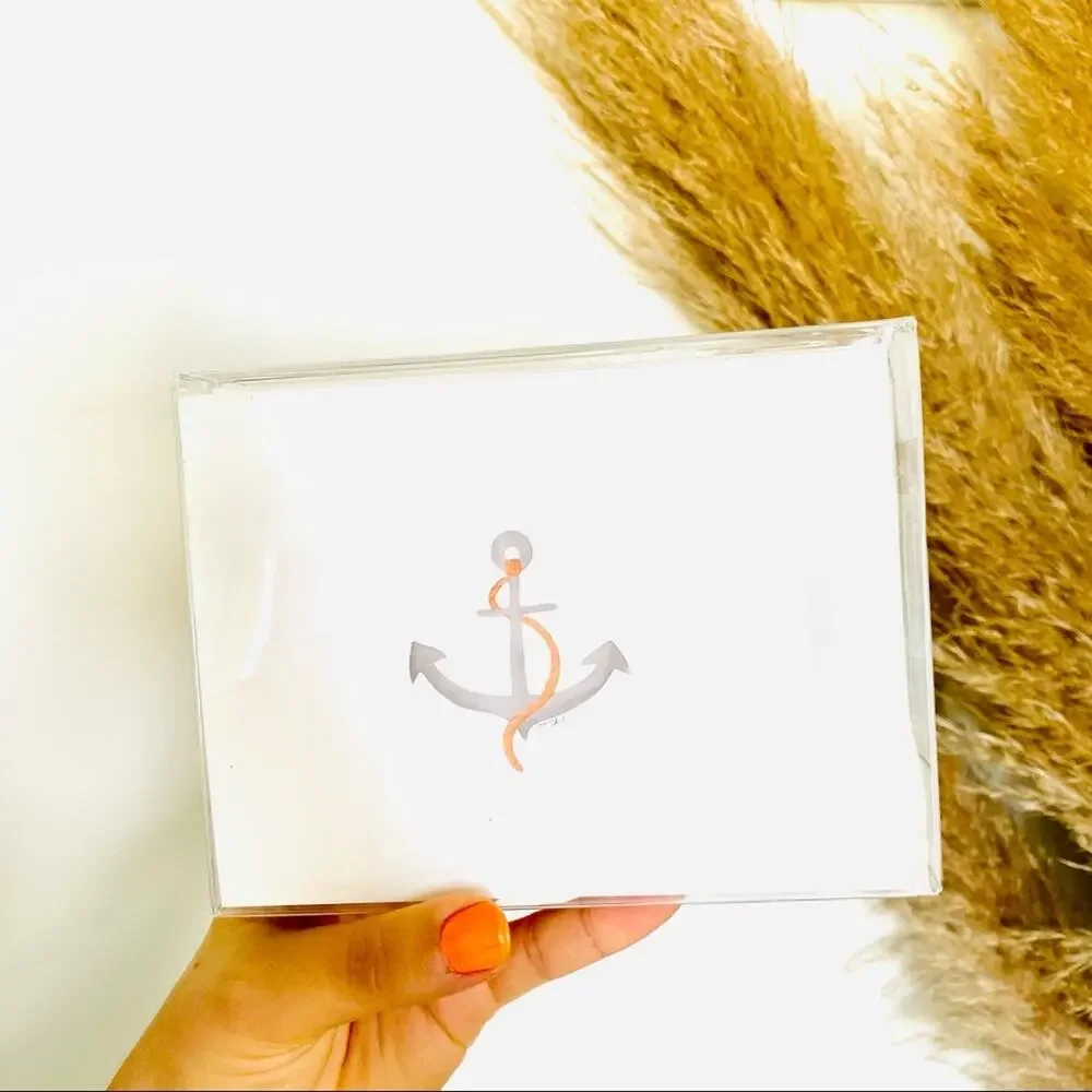 NEW ANTHROPOLOGIE White Grey Tan Illustrated Anchor Nautical Card Notecards s/10